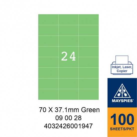 MAYSPIES 09 00 28 LABEL FOR INKJET / LASER / COPIER 100 SHEETS/PKT GREEN 70 X 37.1MM